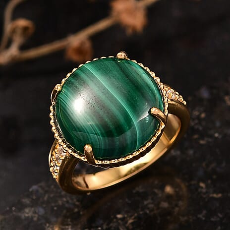 EverTrue Malachite & White Zircon Solitaire Ring in Yellow Gold Tone 12.28 Ct.