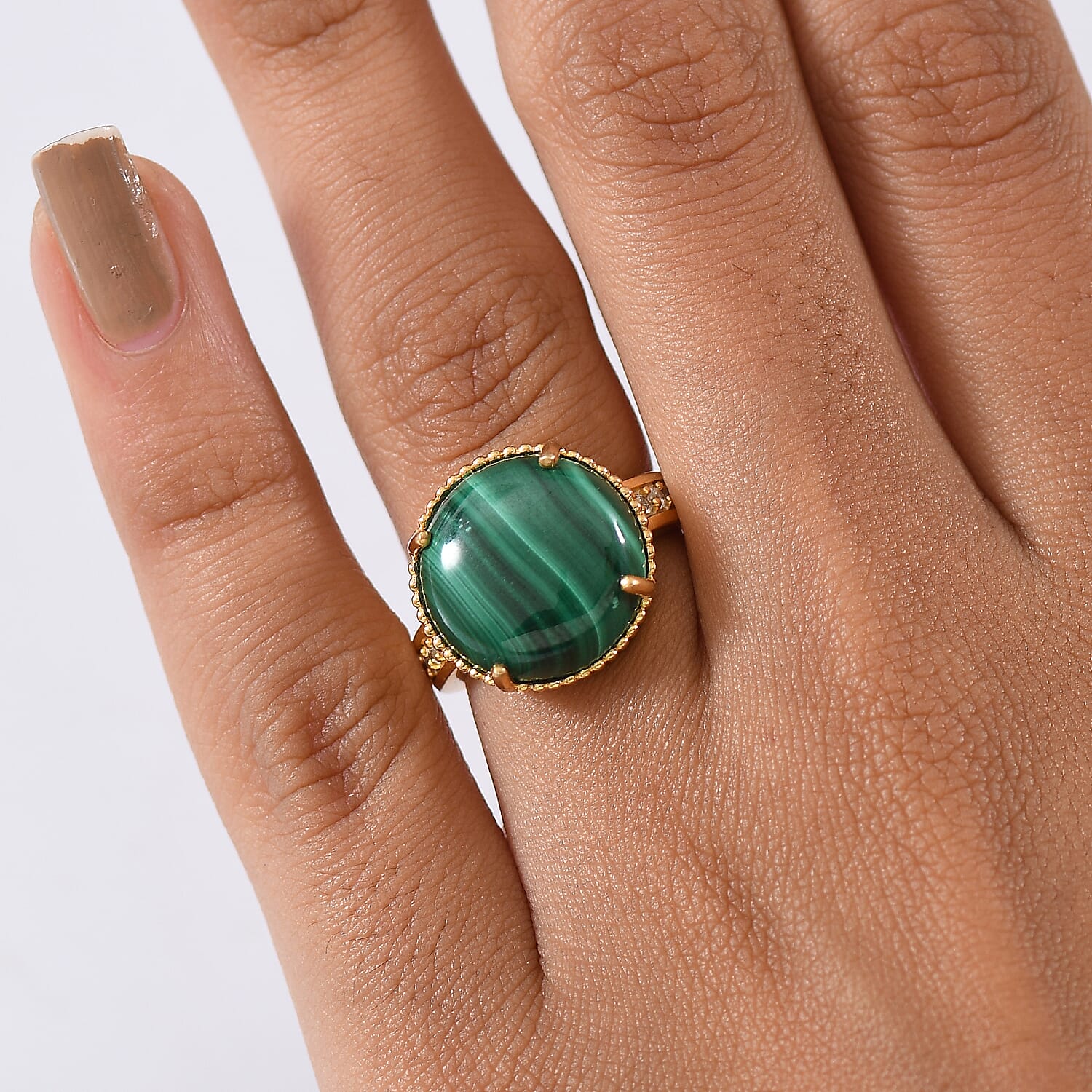 EverTrue Malachite & White Zircon Solitaire Ring in Yellow Gold Tone 12.28 Ct.
