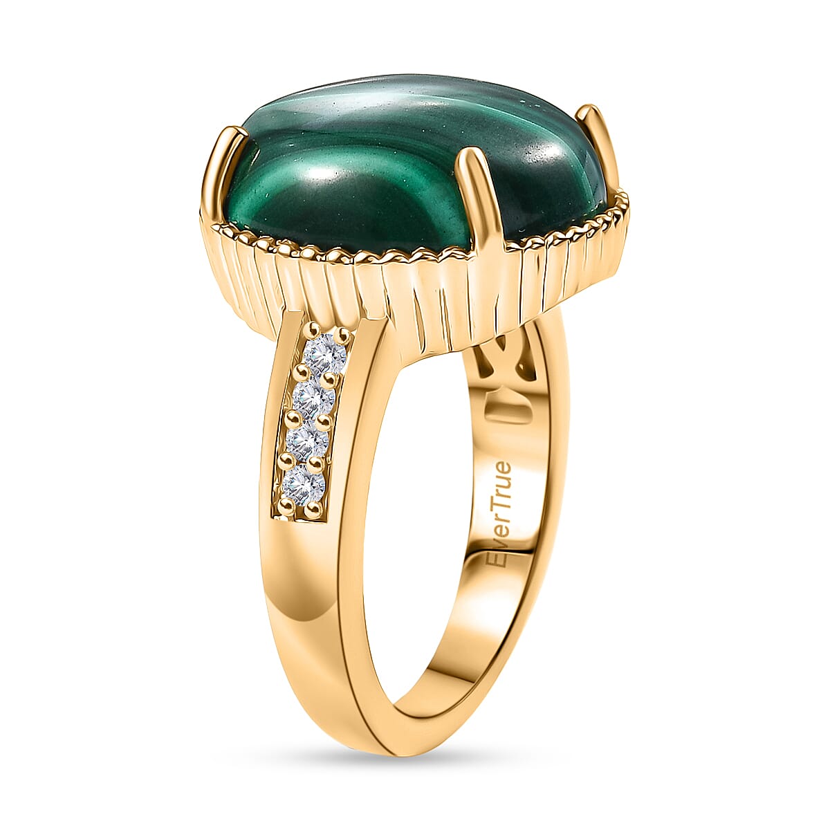 EverTrue Malachite & White Zircon Solitaire Ring in Yellow Gold Tone 12.28 Ct.