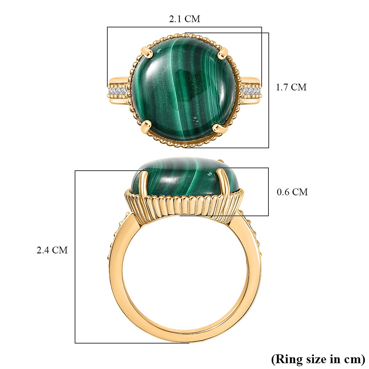 EverTrue Malachite & White Zircon Solitaire Ring in Yellow Gold Tone 12.28 Ct.