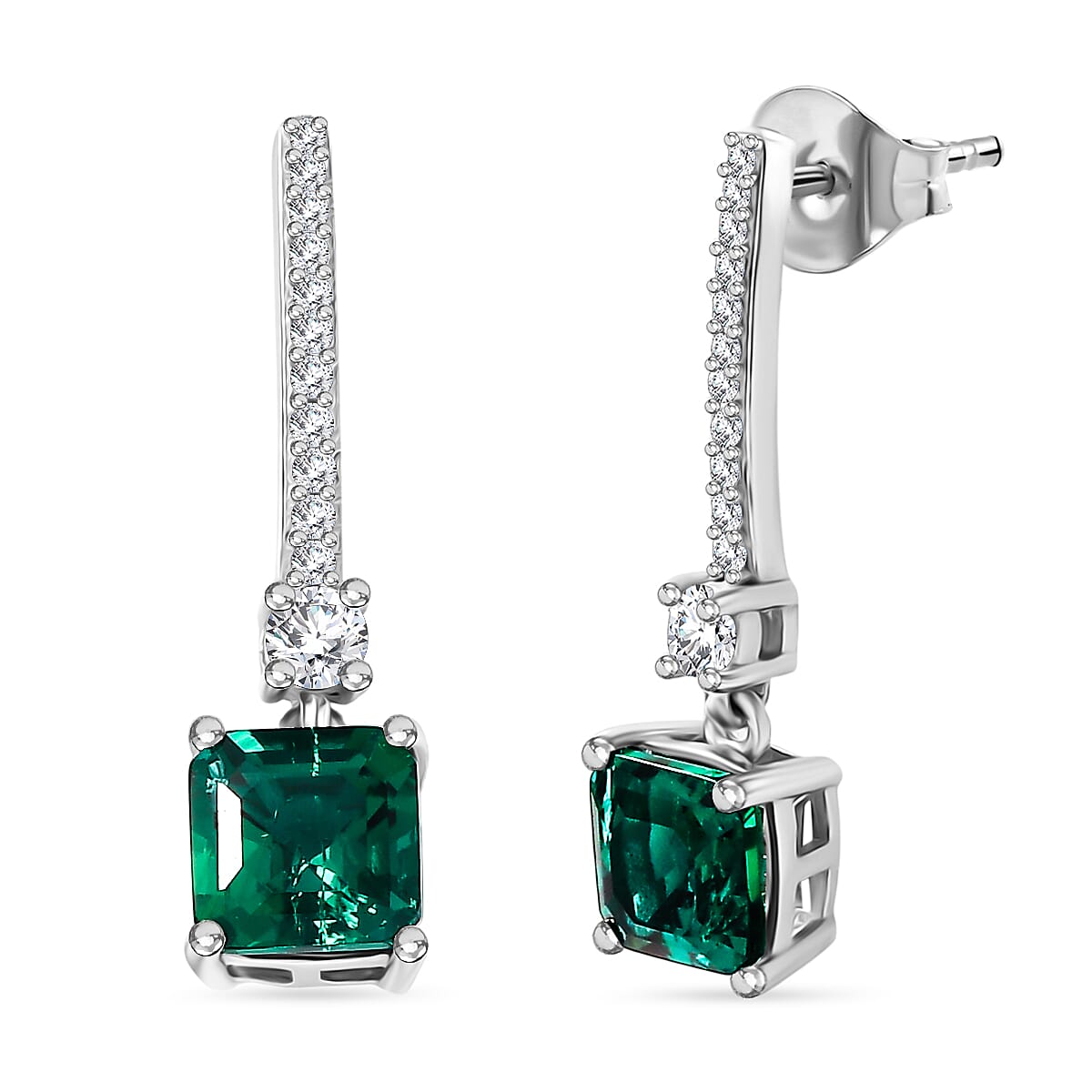 Lab Grown Emerald & White Zircon Dangling Earring in Rhodium Overlay Sterling Silver 2.06 Ct.