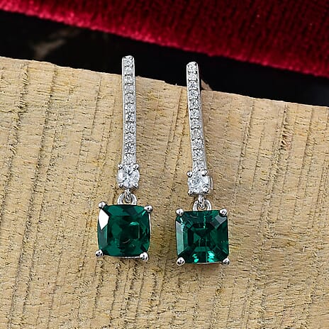 Lab Grown Emerald & White Zircon Dangling Earring in Rhodium Overlay Sterling Silver 2.06 Ct.