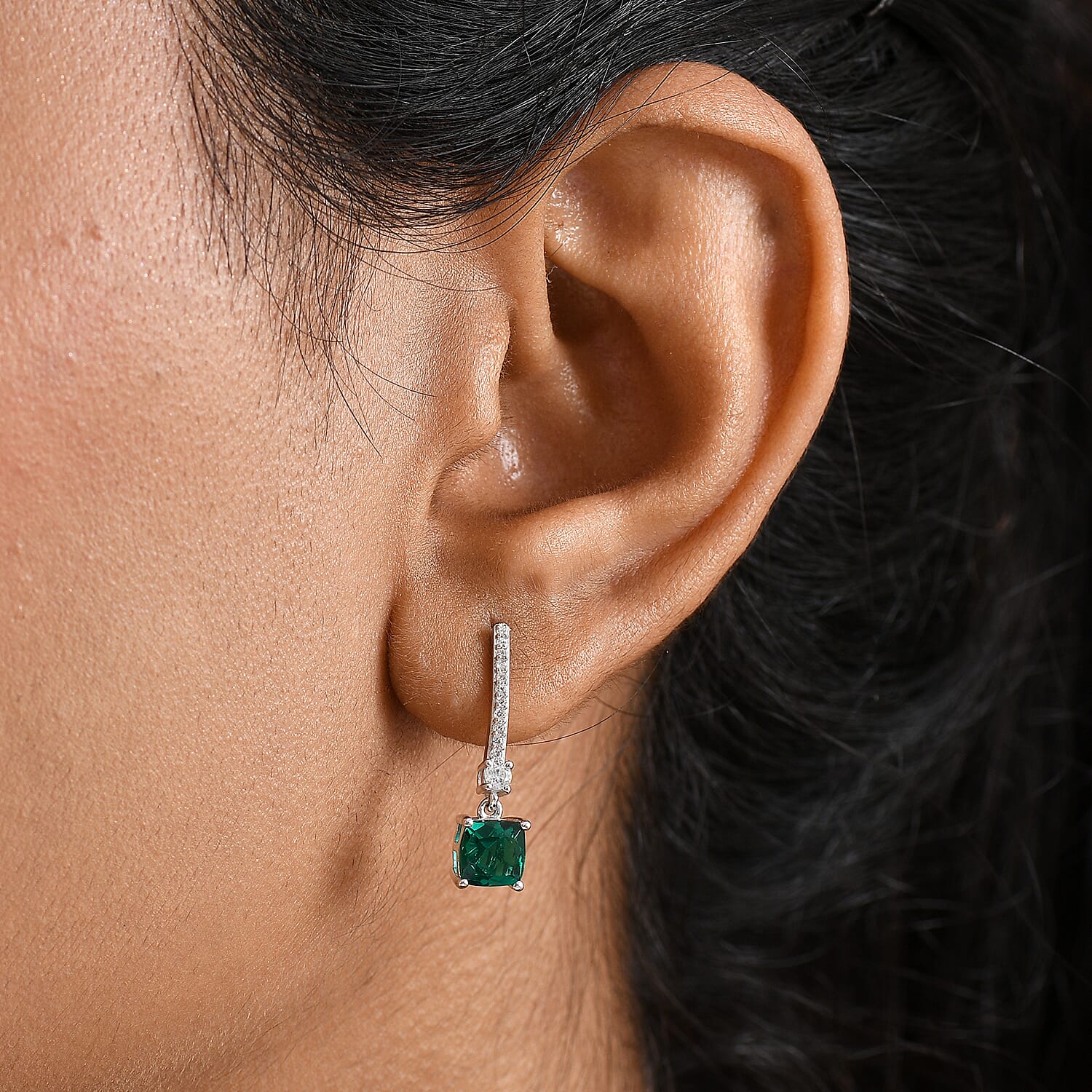 Lab Grown Emerald & White Zircon Dangling Earring in Rhodium Overlay Sterling Silver 2.06 Ct.