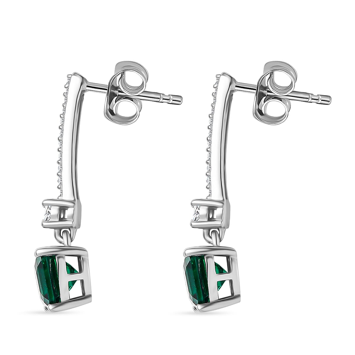 Lab Grown Emerald & White Zircon Dangling Earring in Rhodium Overlay Sterling Silver 2.06 Ct.