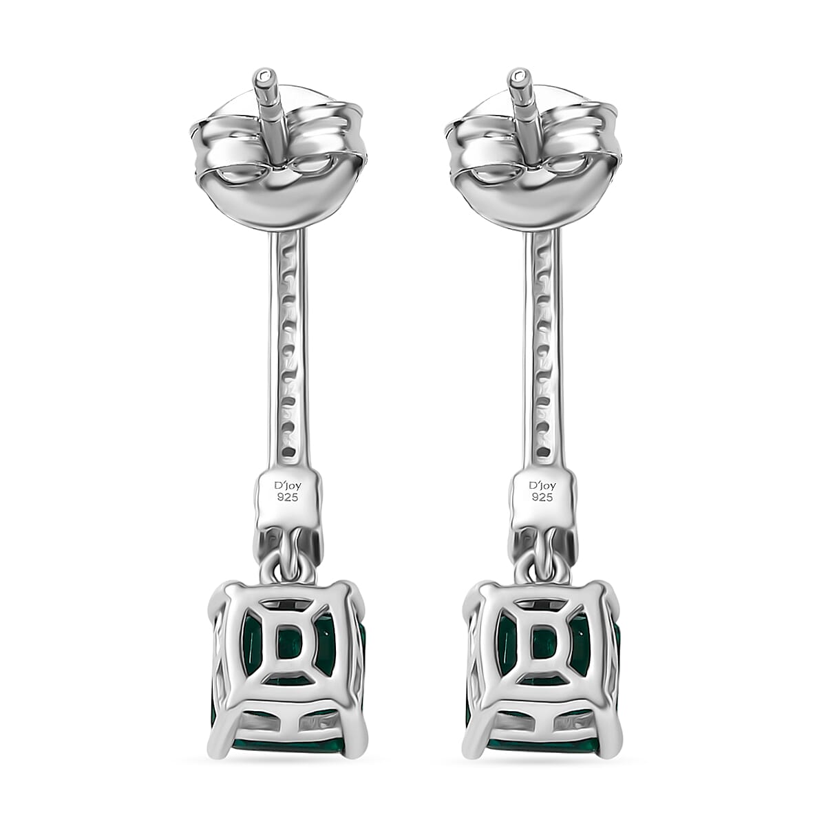 Lab Grown Emerald & White Zircon Dangling Earring in Rhodium Overlay Sterling Silver 2.06 Ct.