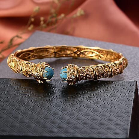EverTrue Blue Turquoise, Blue Zircon Full Bangle Pure Yellow Brass  4.708  Ct.