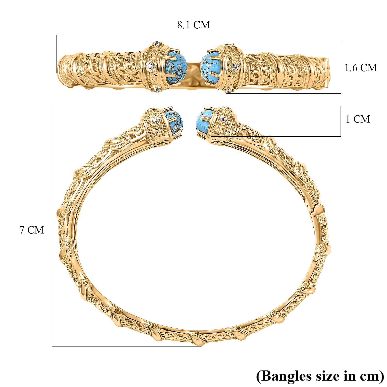EverTrue Blue Turquoise, Blue Zircon Full Bangle Pure Yellow Brass  4.708  Ct.
