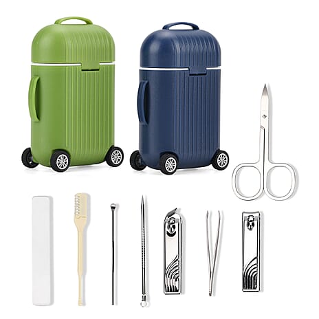 LIVMORE Set of 2 Compact 8 Piece Mini Travel Case Nail Kits - Blue & Green