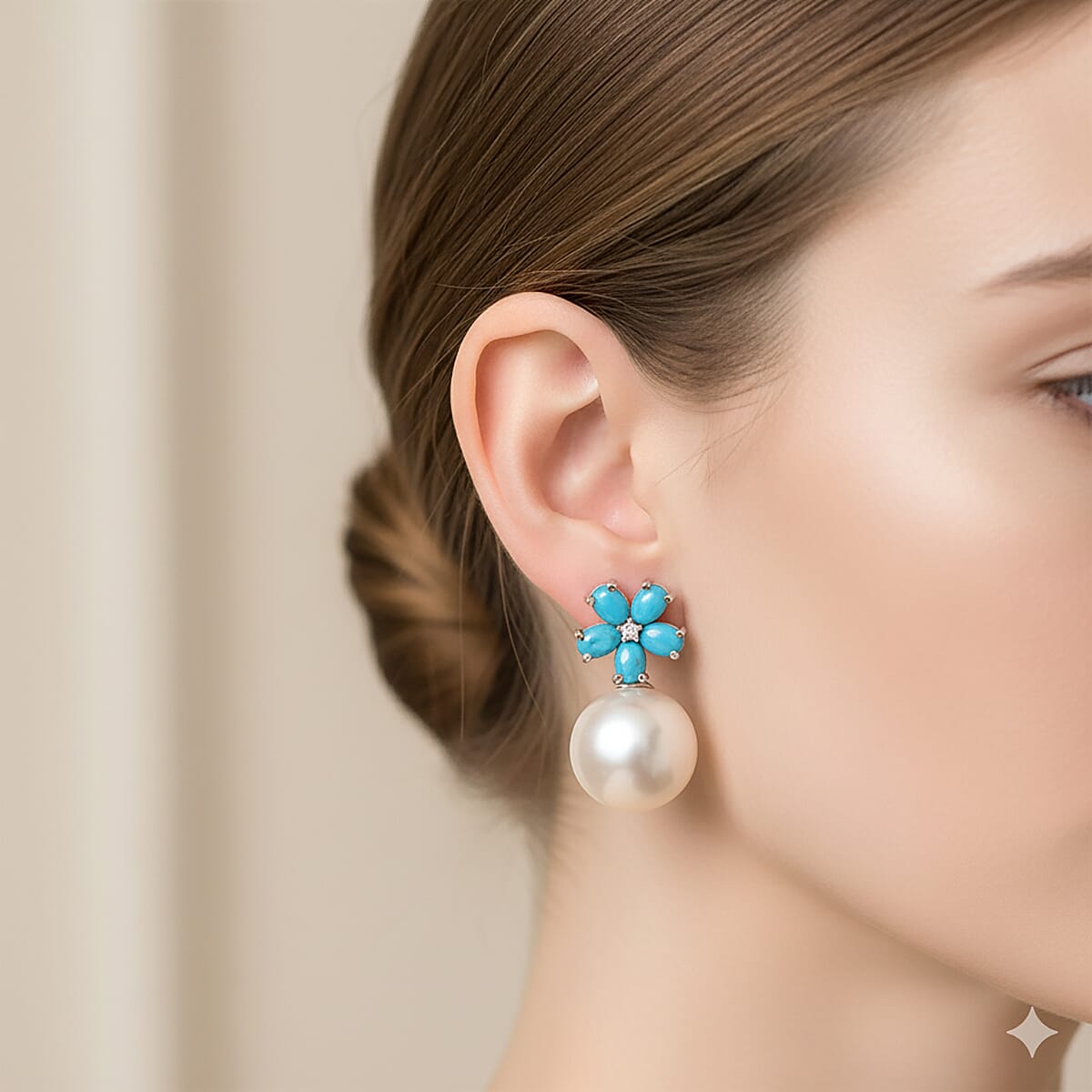 D'Joy Sleeping Beauty Turquoise and Edison Pearl & White Zircon Earring with Push Back in Rhodium Overlay Sterling Silver 17.25 Ct.