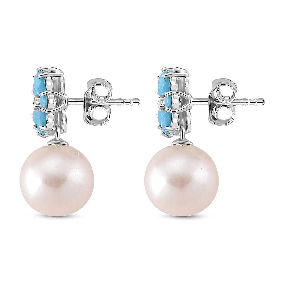 D'Joy Sleeping Beauty Turquoise and Edison Pearl & White Zircon Earring with Push Back in Rhodium Overlay Sterling Silver 17.25 Ct.
