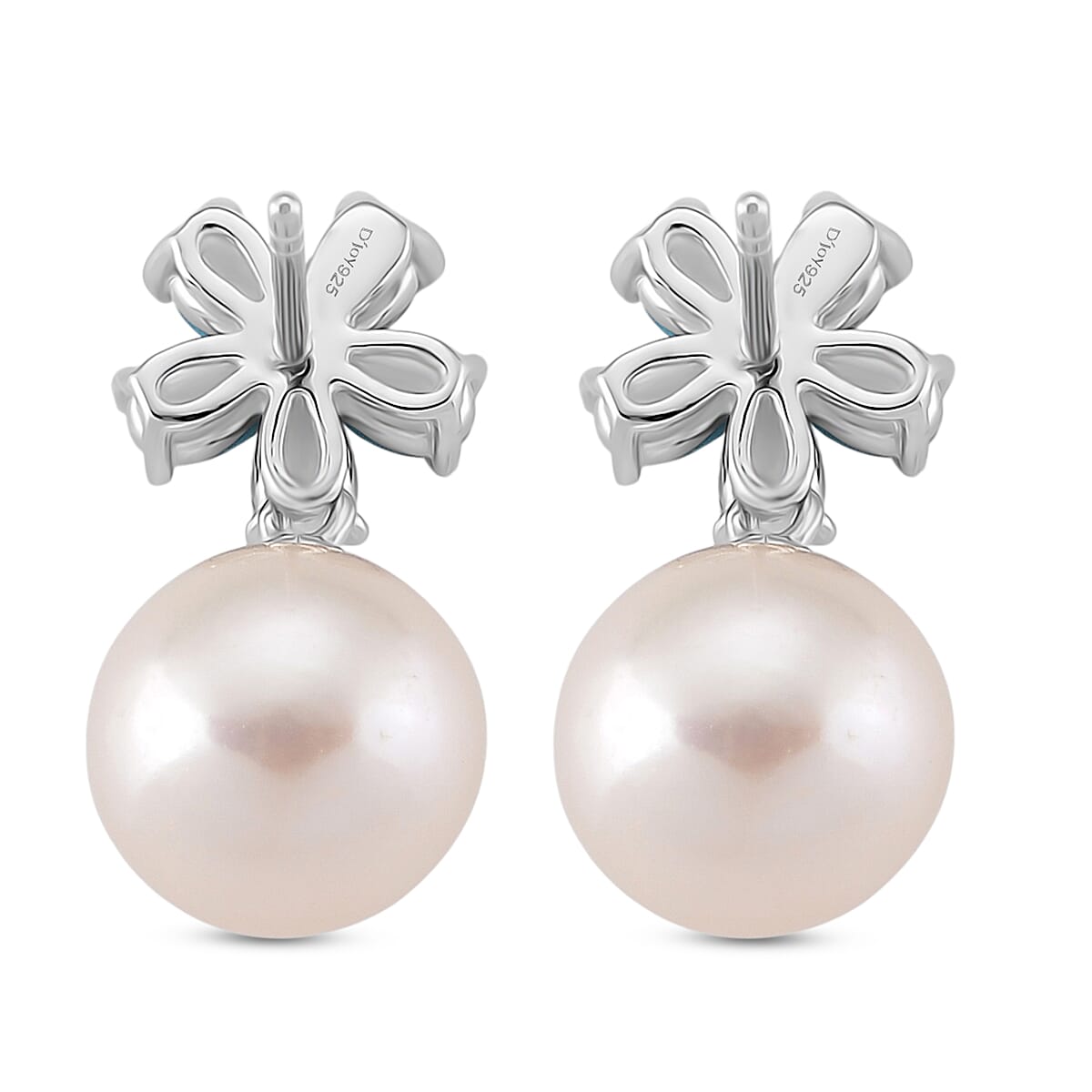 D'Joy Sleeping Beauty Turquoise and Edison Pearl & White Zircon Earring with Push Back in Rhodium Overlay Sterling Silver 17.25 Ct.