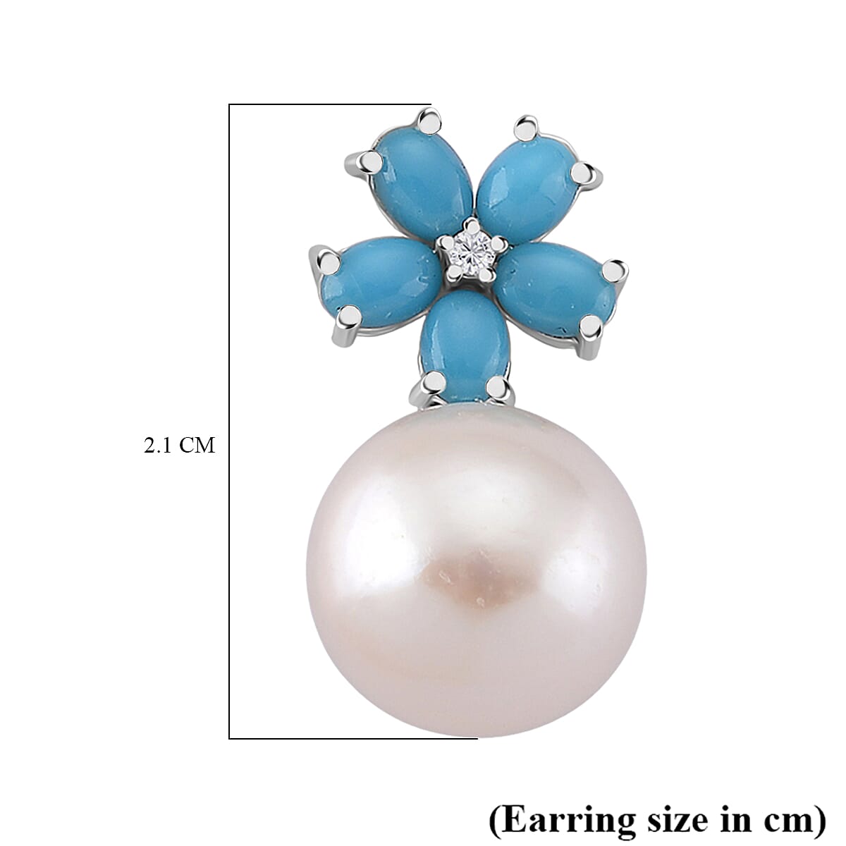 D'Joy Sleeping Beauty Turquoise and Edison Pearl & White Zircon Earring with Push Back in Rhodium Overlay Sterling Silver 17.25 Ct.