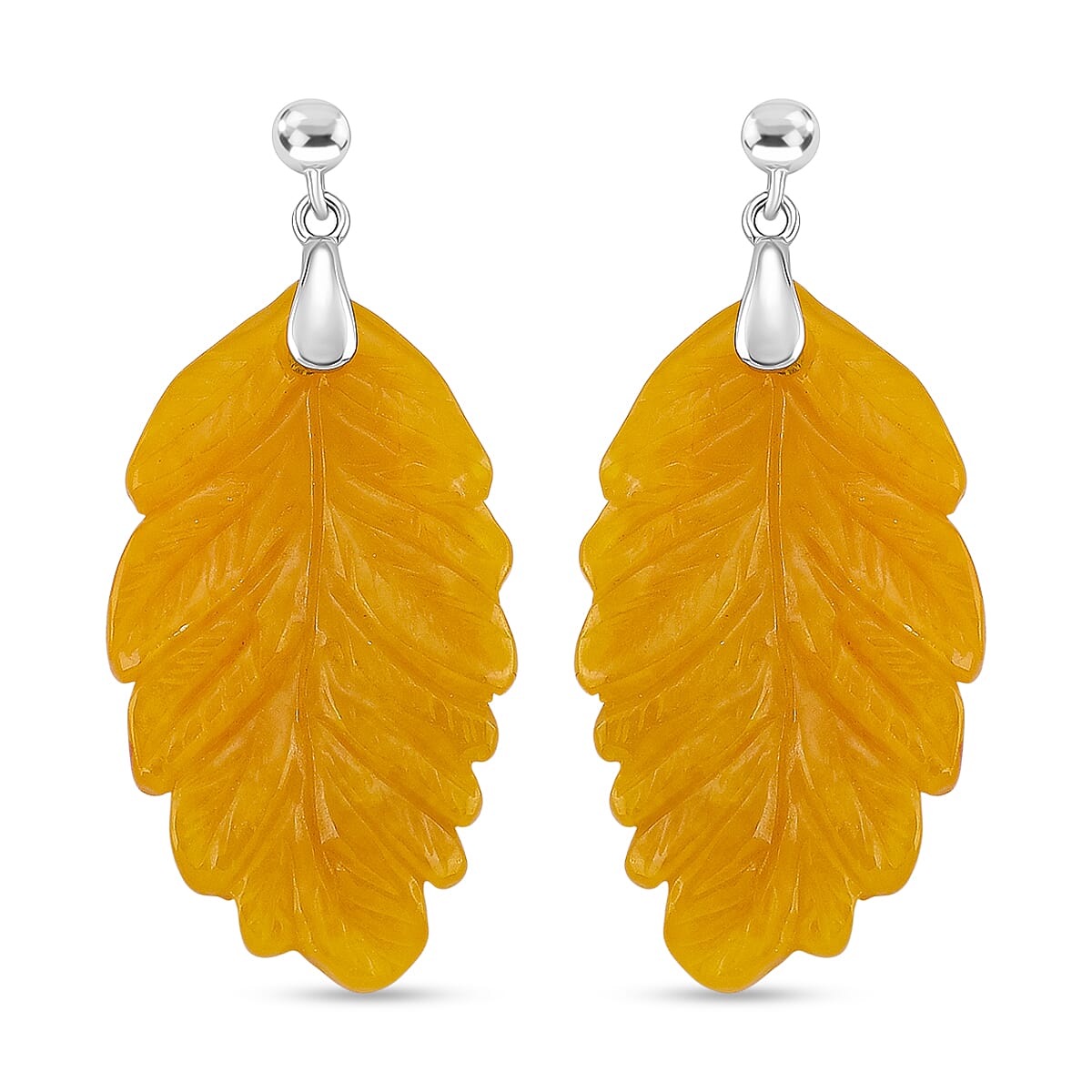 D'Joy Honey Jade Leaf Earring with Push Back in Rhodium Overlay Sterling Silver 51.96 Ct.