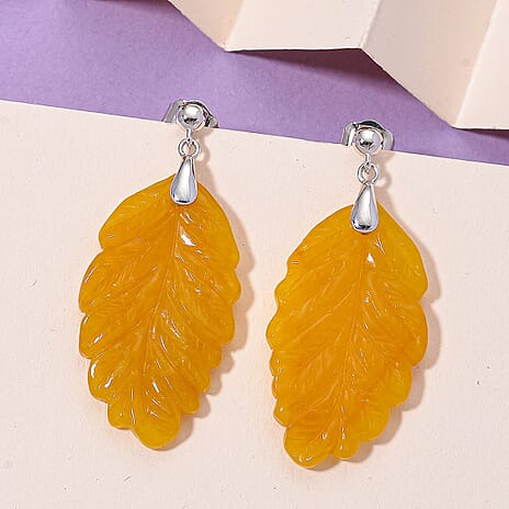 D'Joy Honey Jade Leaf Earring with Push Back in Rhodium Overlay Sterling Silver 51.96 Ct.