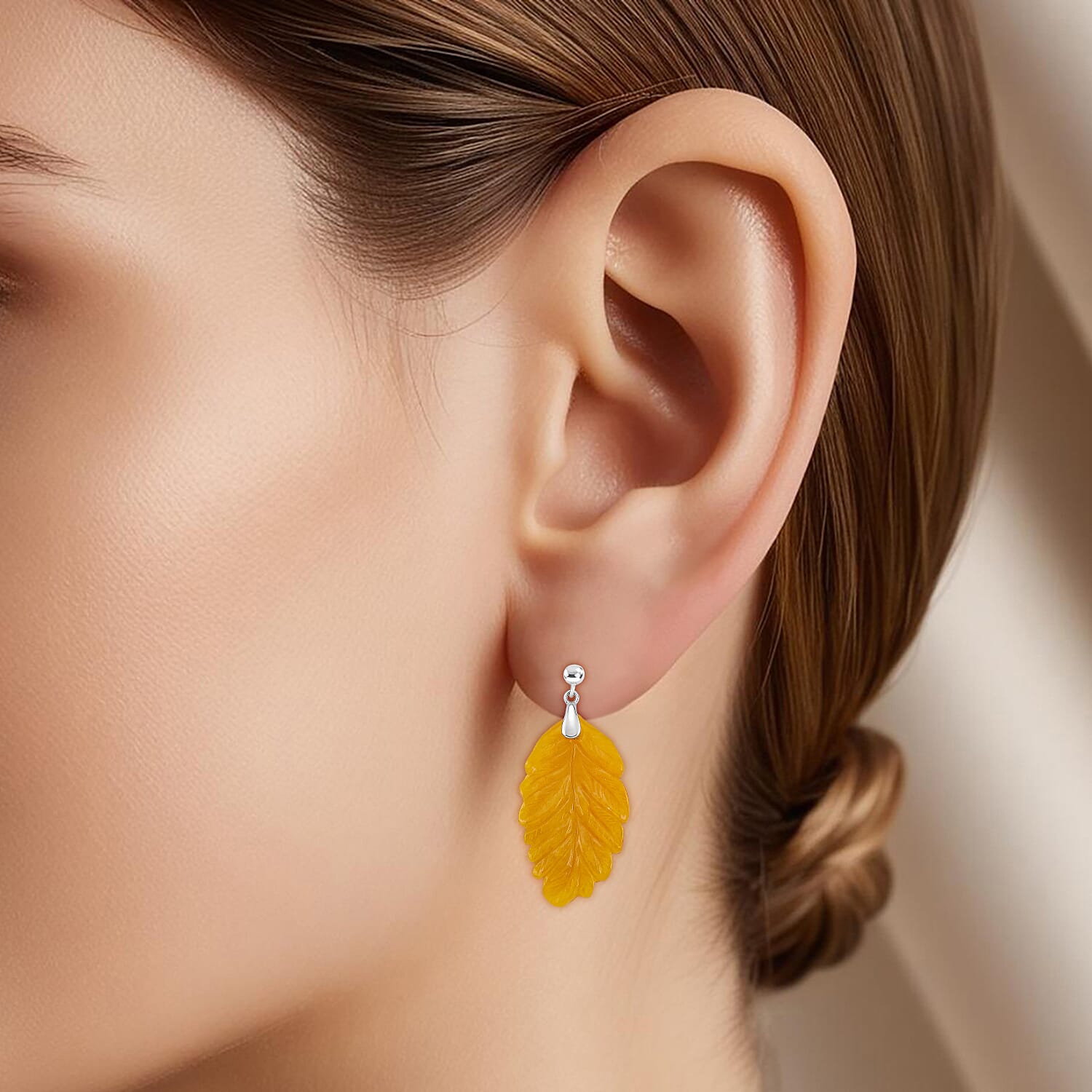 D'Joy Honey Jade Leaf Earring with Push Back in Rhodium Overlay Sterling Silver 51.96 Ct.