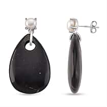 D'joy Natural Shungite & White Fresh Water Pearl Dangle Earring with Push Back in Rhodium Overlay Sterling Silver 52.50 Ct.