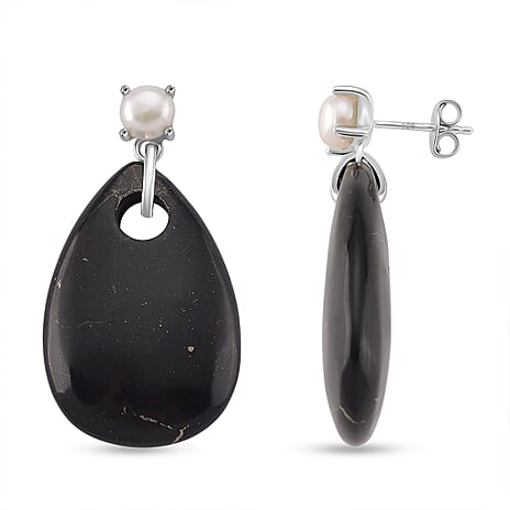 D'joy Natural Shungite & White Fresh Water Pearl Dangle Earring with Push Back in Rhodium Overlay Sterling Silver 52.50 Ct.