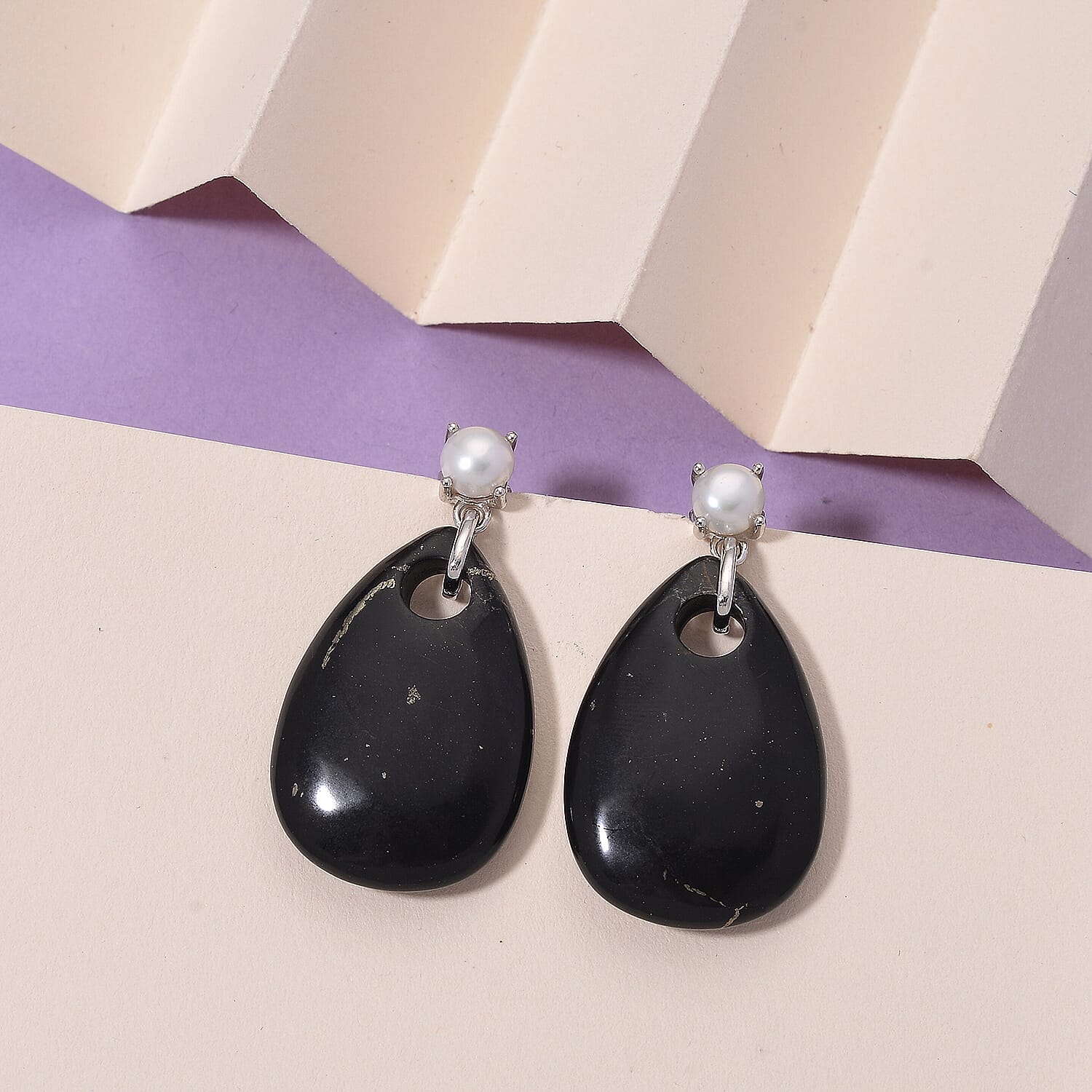 D'joy Natural Shungite & White Fresh Water Pearl Dangle Earring with Push Back in Rhodium Overlay Sterling Silver 52.50 Ct.