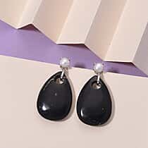 D'joy Natural Shungite & White Fresh Water Pearl Dangle Earring with Push Back in Rhodium Overlay Sterling Silver 52.50 Ct.
