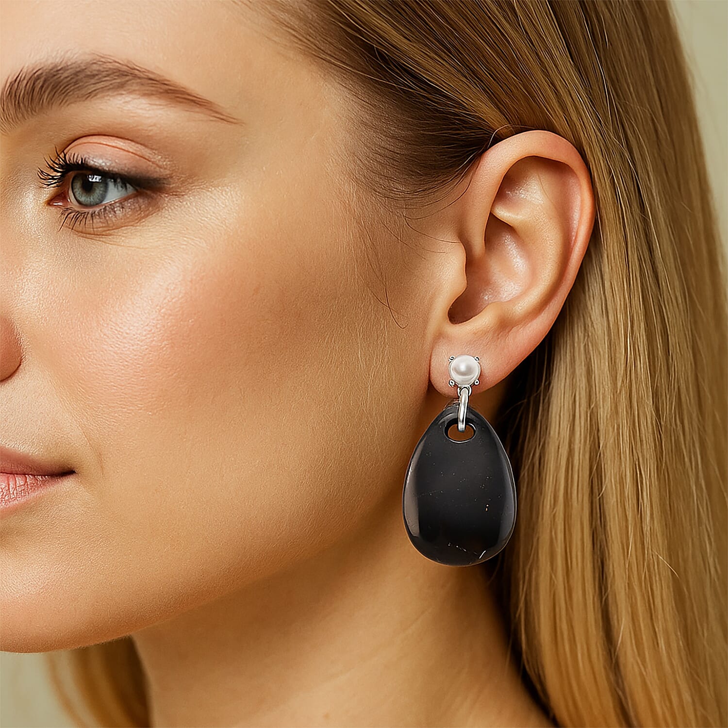 D'joy Natural Shungite & White Fresh Water Pearl Dangle Earring with Push Back in Rhodium Overlay Sterling Silver 52.50 Ct.