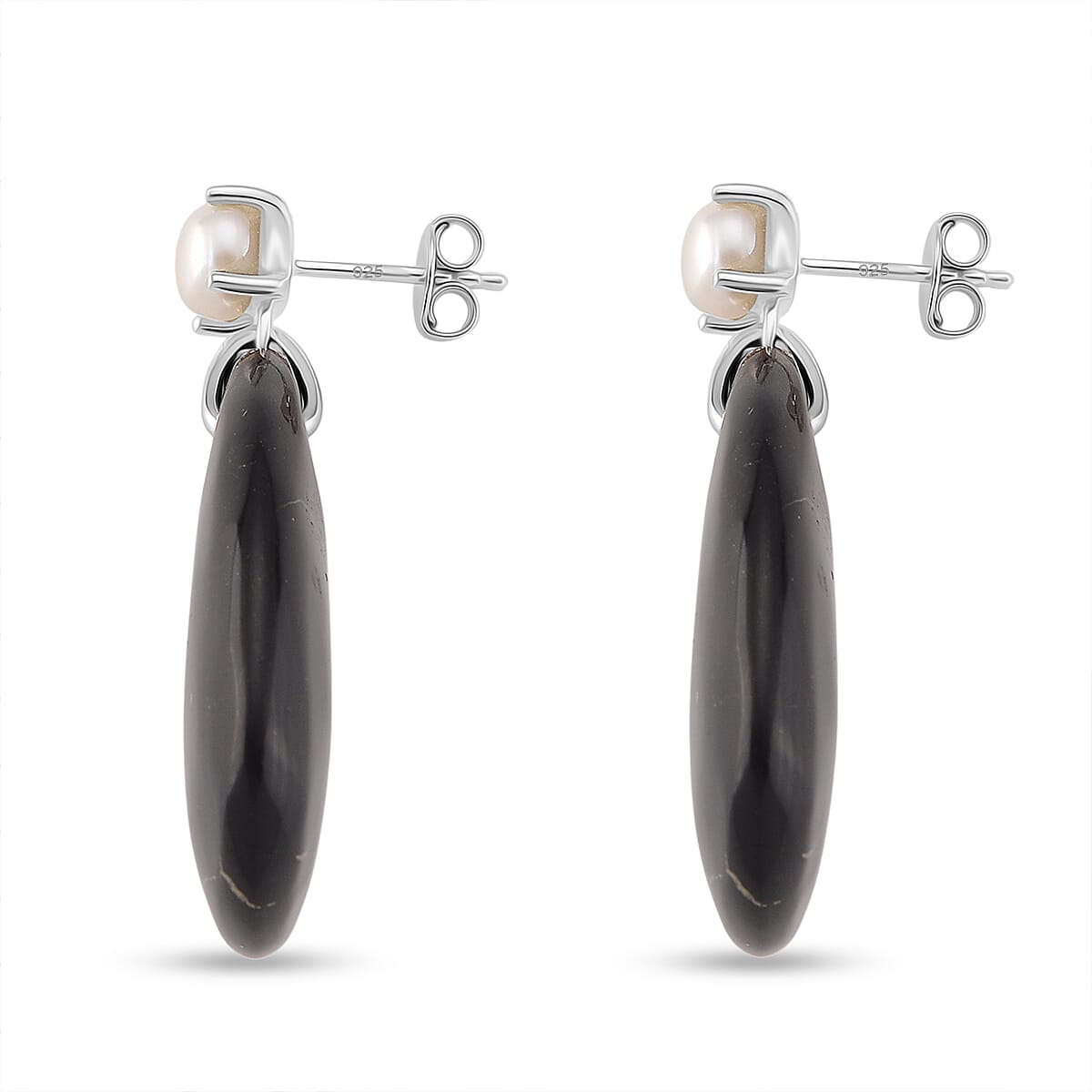 D'joy Natural Shungite & White Fresh Water Pearl Dangle Earring with Push Back in Rhodium Overlay Sterling Silver 52.50 Ct.