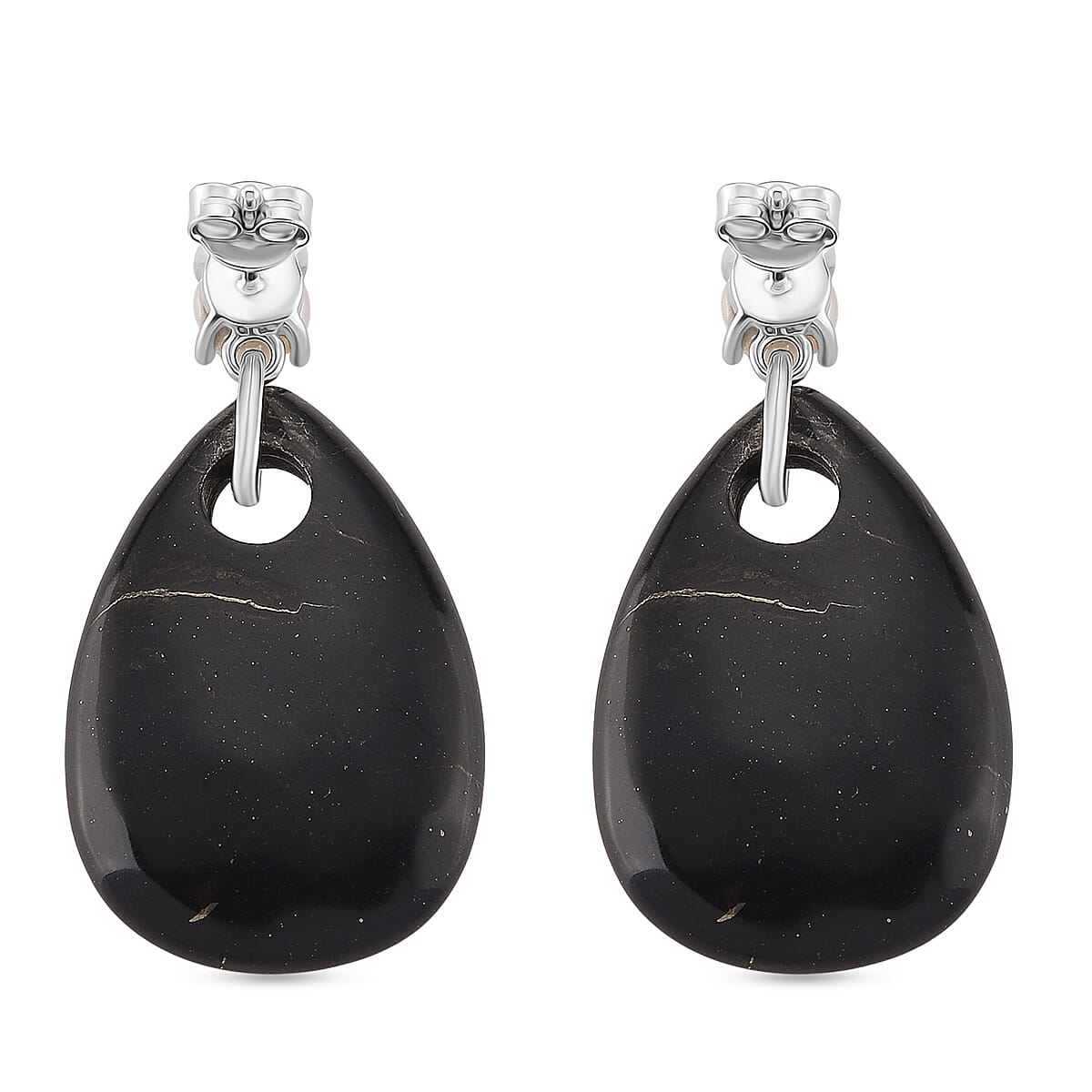 D'joy Natural Shungite & White Fresh Water Pearl Dangle Earring with Push Back in Rhodium Overlay Sterling Silver 52.50 Ct.
