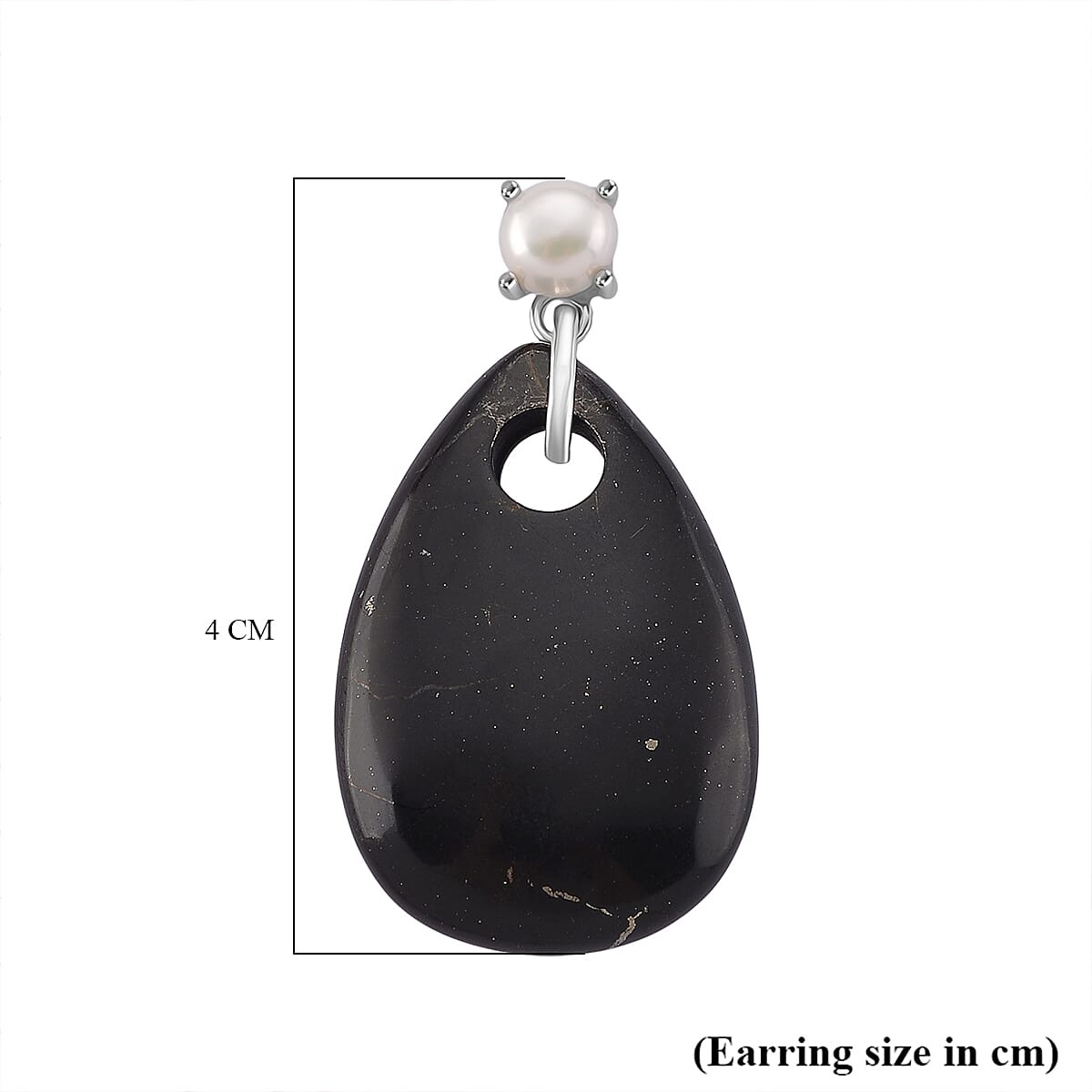 D'joy Natural Shungite & White Fresh Water Pearl Dangle Earring with Push Back in Rhodium Overlay Sterling Silver 52.50 Ct.