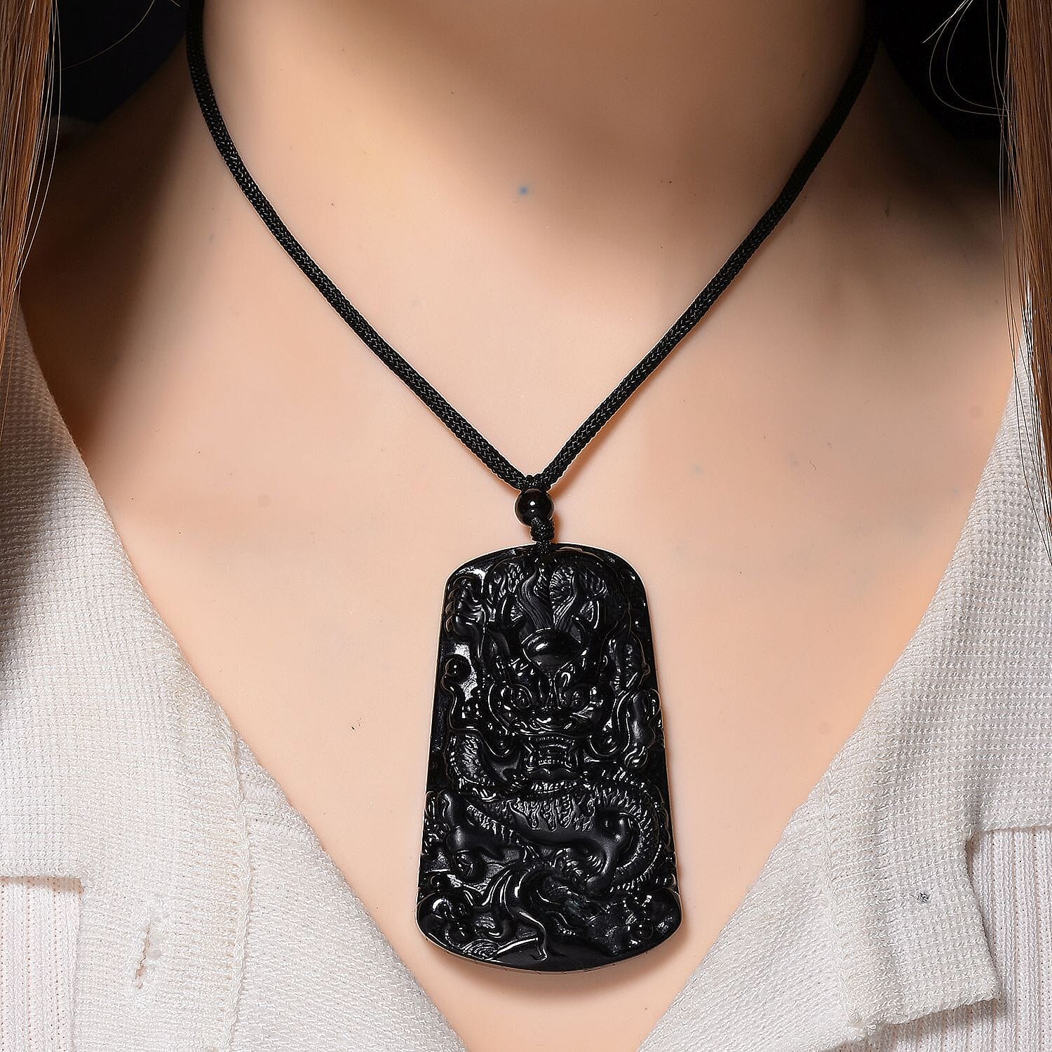 Black Jade Dragon Necklace with Black Cotton Thread (Size 28 Adjustable) 125.00 Ct.