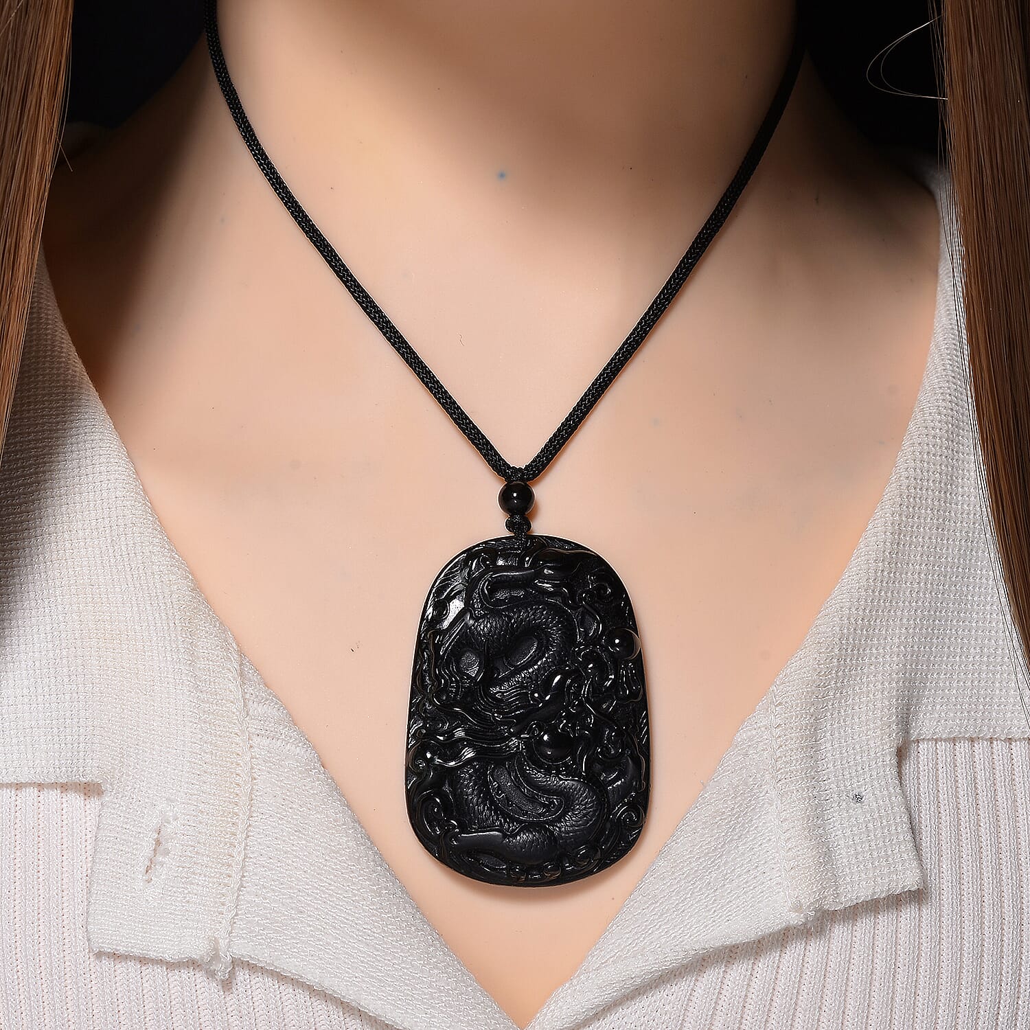 Black Jade Dragon Necklace with Black Cotton Thread (Size 30 Adjustable) 125.00 Ct.
