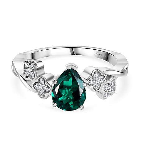 Lab Grown Emerald & White Zircon Ring in Rhodium Overlay Sterling Silver 1.16 Ct.