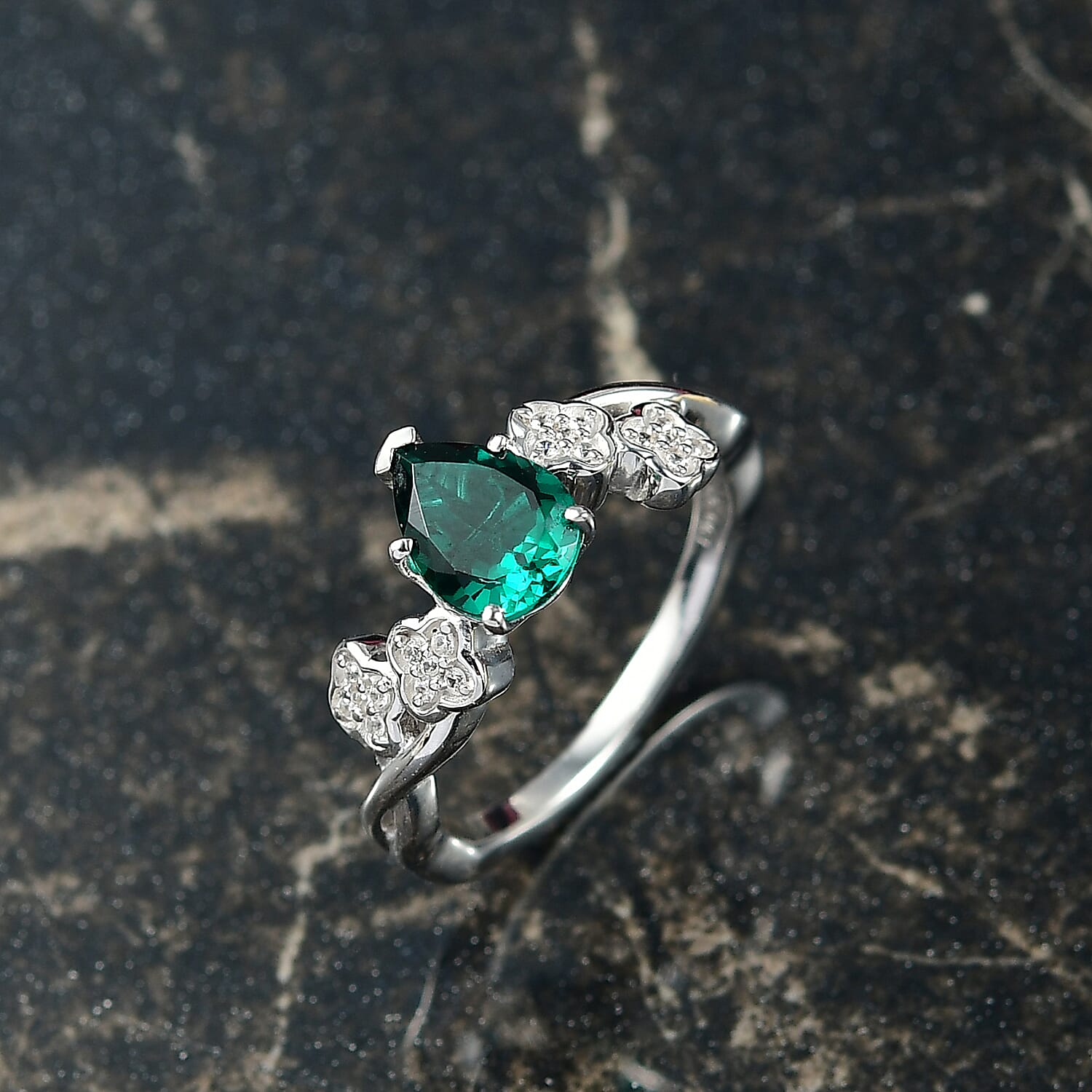 Lab Grown Emerald & White Zircon Ring in Rhodium Overlay Sterling Silver 1.16 Ct.
