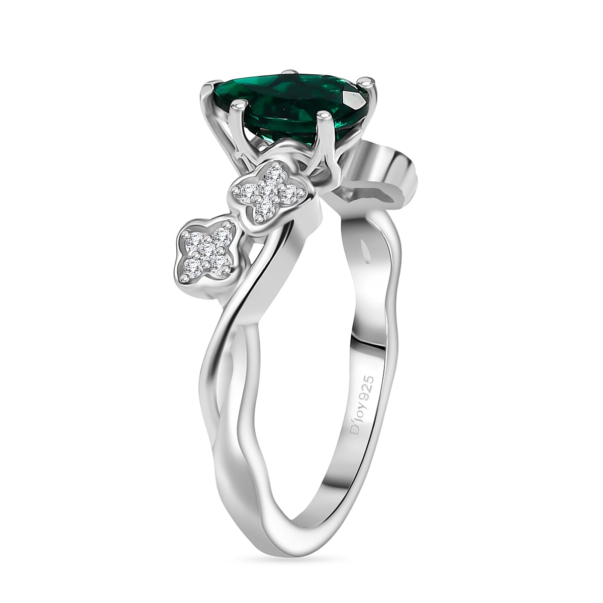 Lab Grown Emerald & White Zircon Ring in Rhodium Overlay Sterling Silver 1.16 Ct.