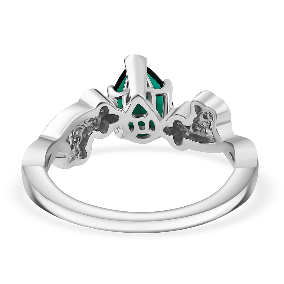 Lab Grown Emerald & White Zircon Ring in Rhodium Overlay Sterling Silver 1.16 Ct.