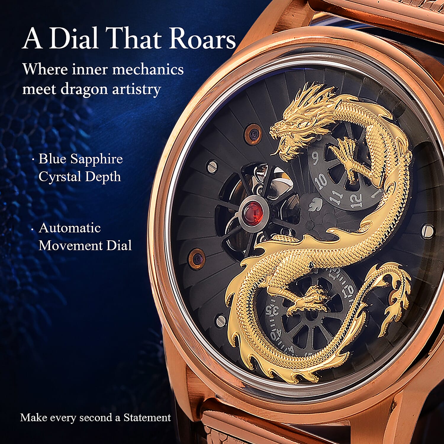 Limited Edition William Hunt London Dragon Watch with Automatic Movt. 5 ATM Water Resistancy, Blue Sapphire Crystal Dial and Adjustable Milanese Strap