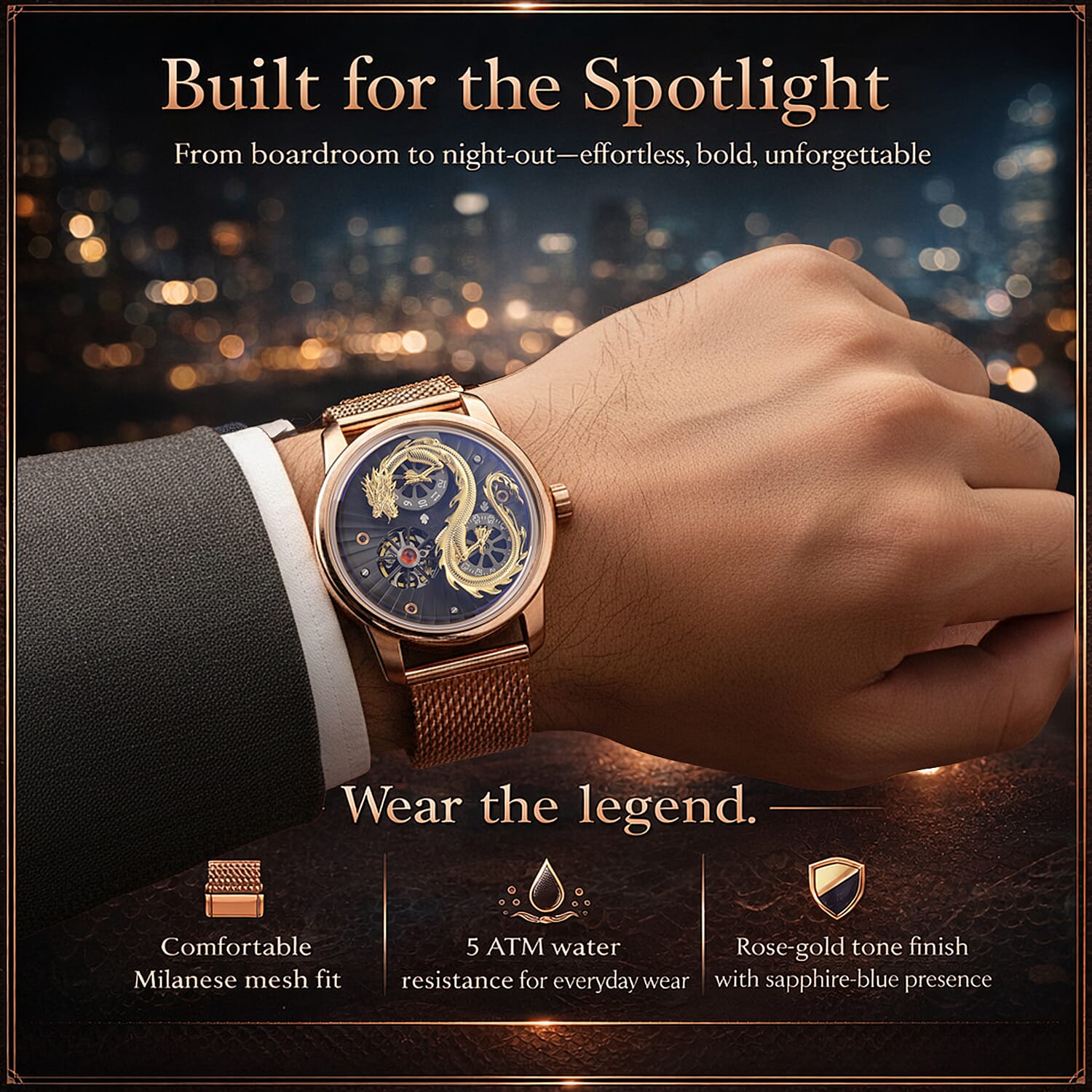 Limited Edition William Hunt London Dragon Watch with Automatic Movt. 5 ATM Water Resistancy, Blue Sapphire Crystal Dial and Adjustable Milanese Strap