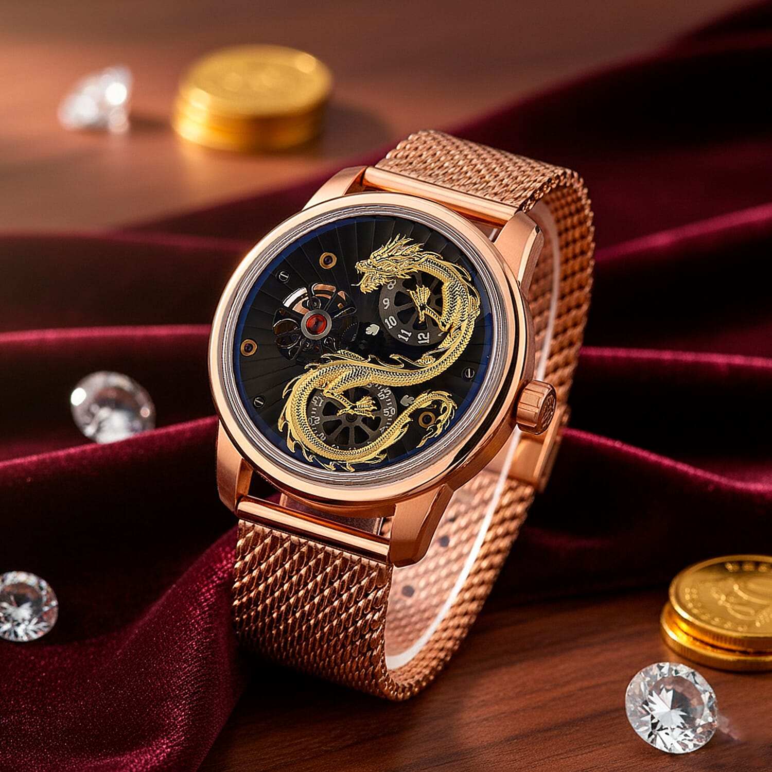 Limited Edition William Hunt London Dragon Watch with Automatic Movt. 5 ATM Water Resistancy, Blue Sapphire Crystal Dial and Adjustable Milanese Strap