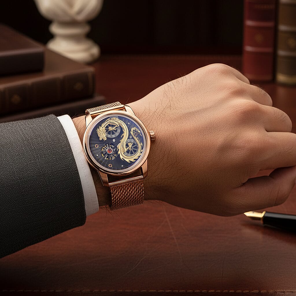 Limited Edition William Hunt London Dragon Watch with Automatic Movt. 5 ATM Water Resistancy, Blue Sapphire Crystal Dial and Adjustable Milanese Strap