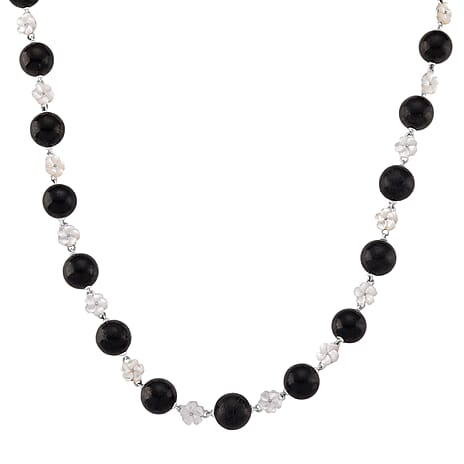 D'joy Natural Shungite & White Mother Of Pearl Necklace (Size 18 - 2 Ext) with Lobster Clasp in Rhodium Overlay Sterling Silver 215.30 Ct, Silver Wt. 7.00 Gms.