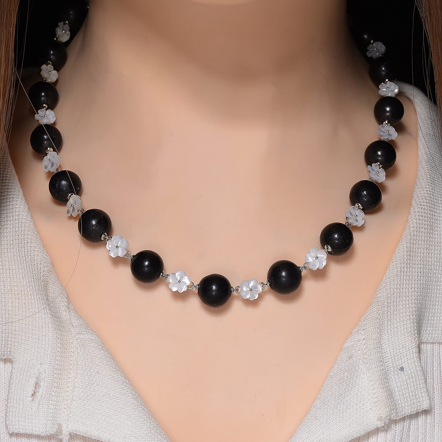 D'joy Natural Shungite & White Mother Of Pearl Necklace (Size 18 - 2 Ext) with Lobster Clasp in Rhodium Overlay Sterling Silver 215.30 Ct, Silver Wt. 7.00 Gms.