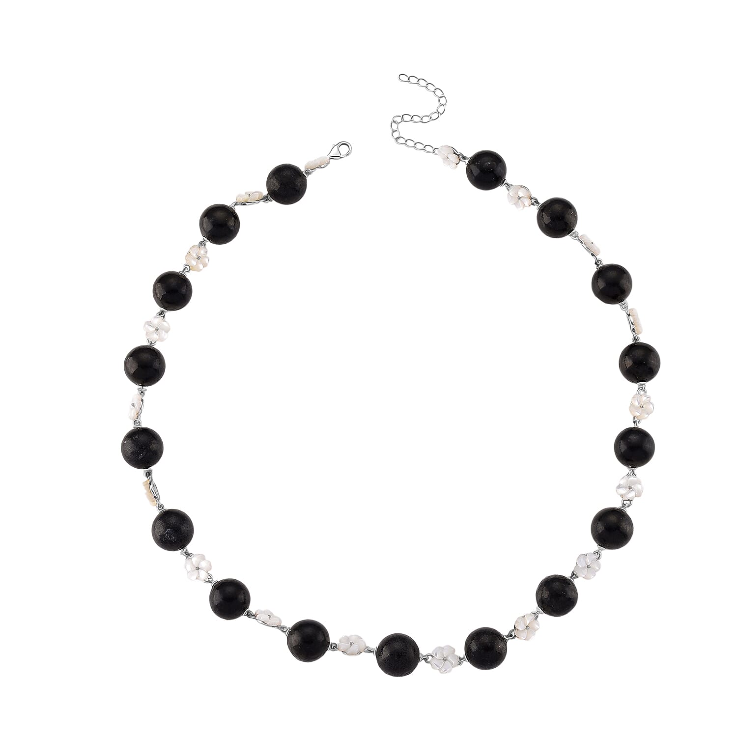 D'joy Natural Shungite & White Mother Of Pearl Necklace (Size 18 - 2 Ext) with Lobster Clasp in Rhodium Overlay Sterling Silver 215.30 Ct, Silver Wt. 7.00 Gms.