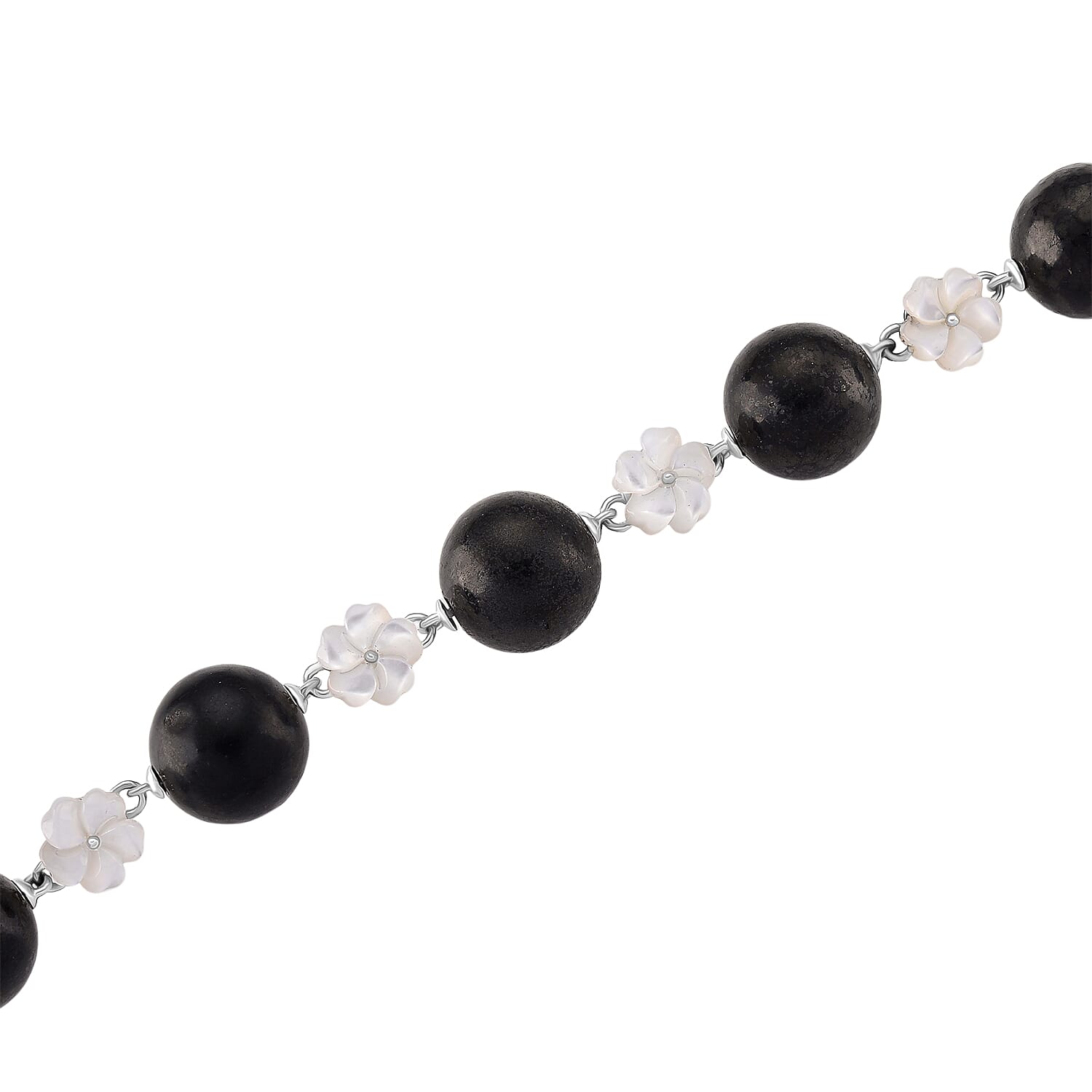 D'joy Natural Shungite & White Mother Of Pearl Necklace (Size 18 - 2 Ext) with Lobster Clasp in Rhodium Overlay Sterling Silver 215.30 Ct, Silver Wt. 7.00 Gms.