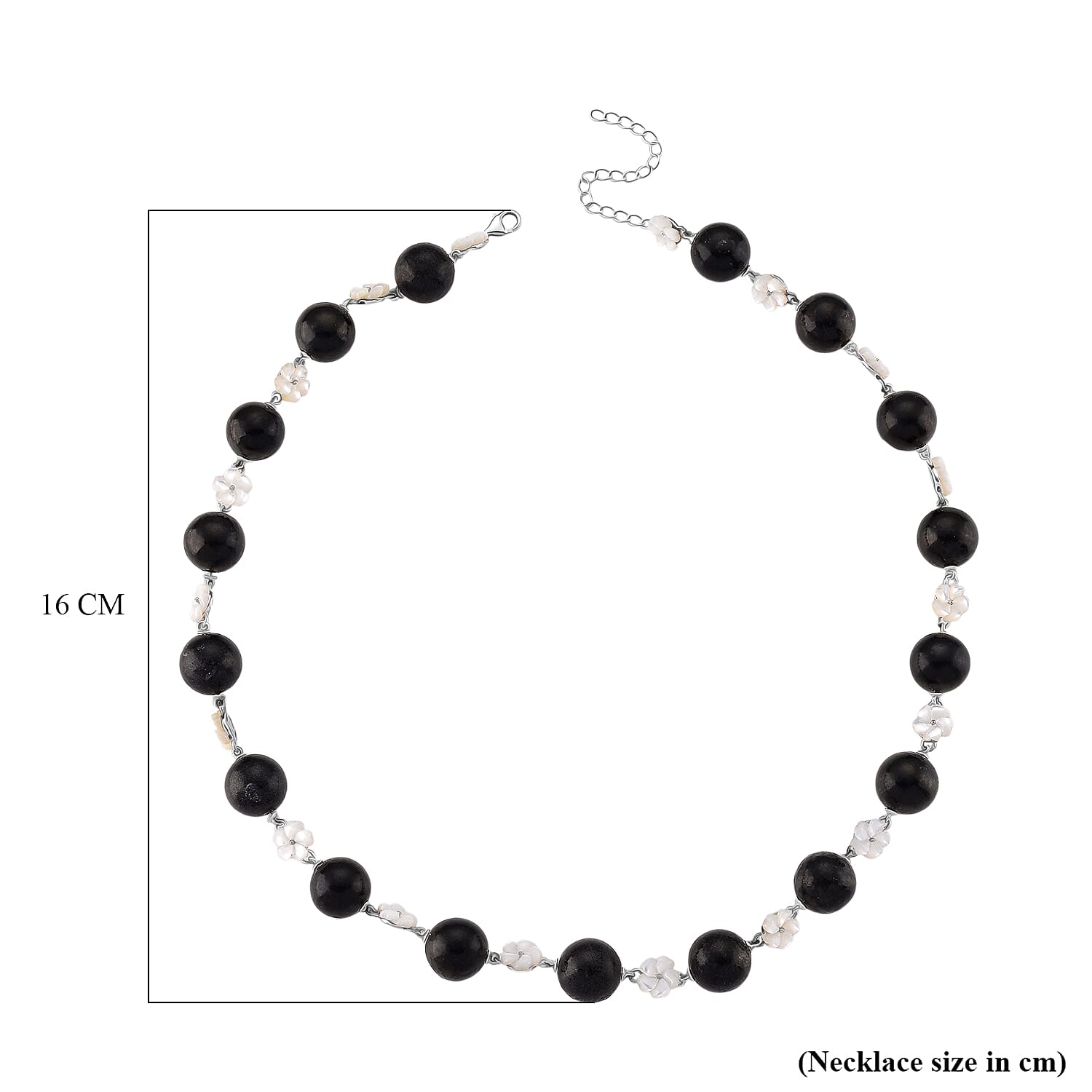 D'joy Natural Shungite & White Mother Of Pearl Necklace (Size 18 - 2 Ext) with Lobster Clasp in Rhodium Overlay Sterling Silver 215.30 Ct, Silver Wt. 7.00 Gms.