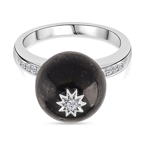 D'Joy Natural Shungite & White Zircon Ring in Rhodium Overlay Sterling Silver 11.66 Ct.