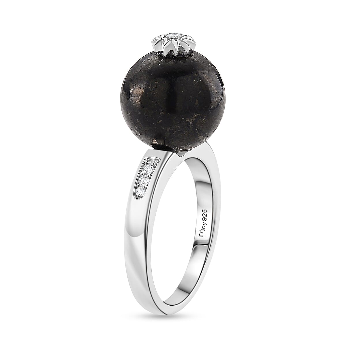 D'Joy Natural Shungite & White Zircon Ring in Rhodium Overlay Sterling Silver 11.66 Ct.
