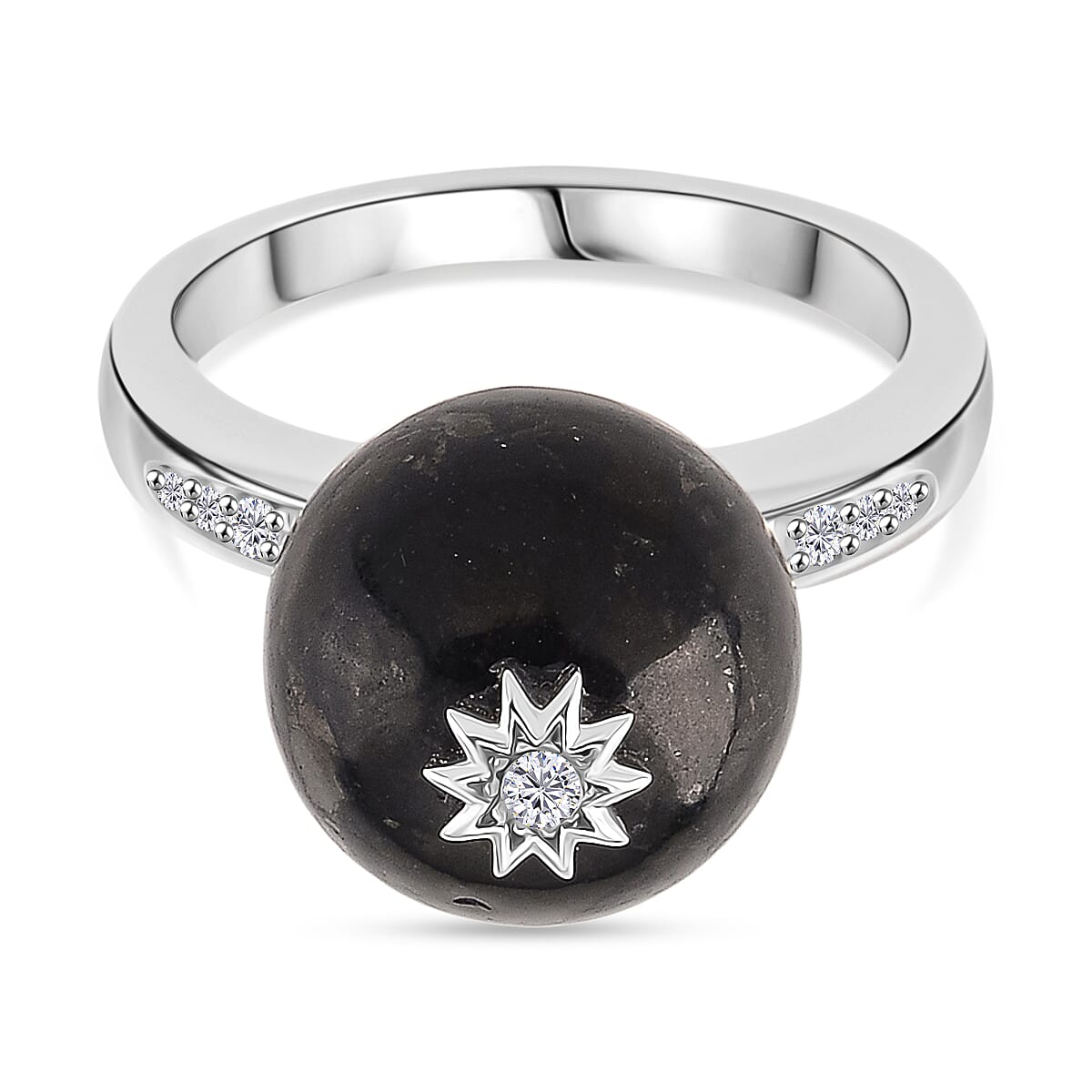 D'Joy Natural Shungite & White Zircon Ring in Rhodium Overlay Sterling Silver 11.66 Ct.