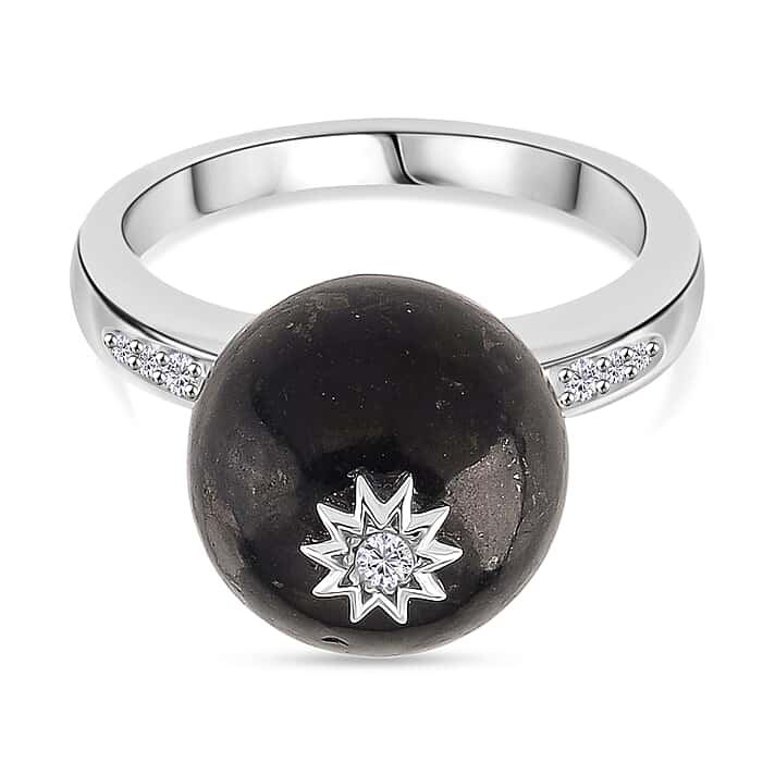 D'Joy Natural Shungite & White Zircon Ring in Rhodium Overlay Sterling Silver 11.66 Ct.