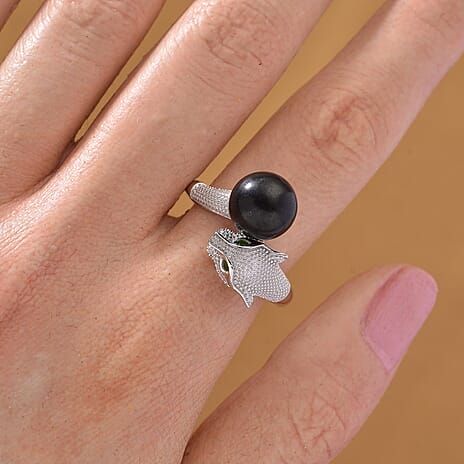 D'Joy Shungite & Natural Chrome Diopside Panther Ring in Rhodium Overlay Sterling Silver 5.56 Ct.