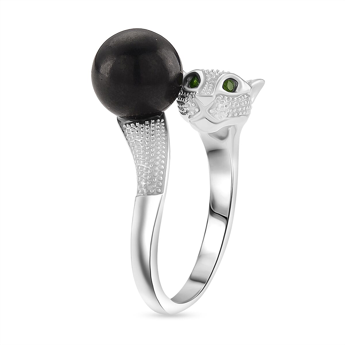 D'Joy Shungite & Natural Chrome Diopside Panther Ring in Rhodium Overlay Sterling Silver 5.56 Ct.
