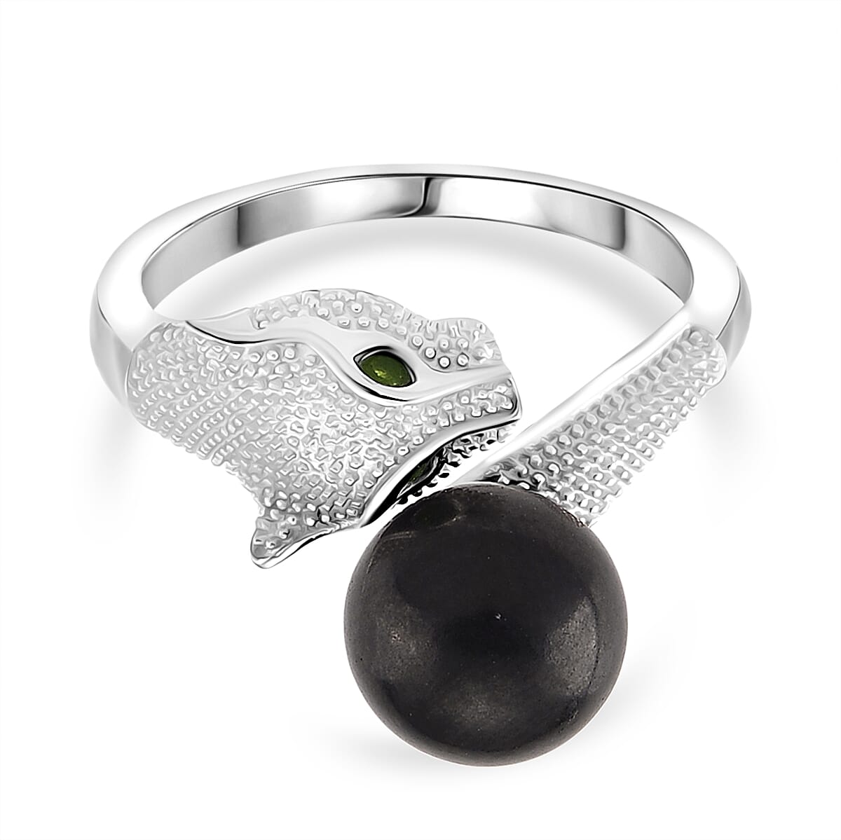 D'Joy Shungite & Natural Chrome Diopside Panther Ring in Rhodium Overlay Sterling Silver 5.56 Ct.