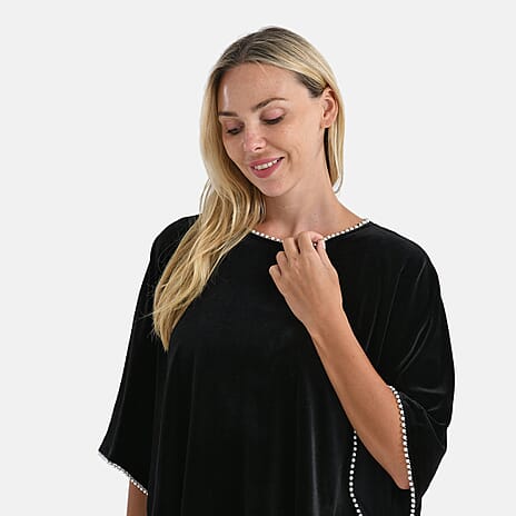 La Marey Pearl Detail Velvet Blouse (Size - L-XL) - Classic Black